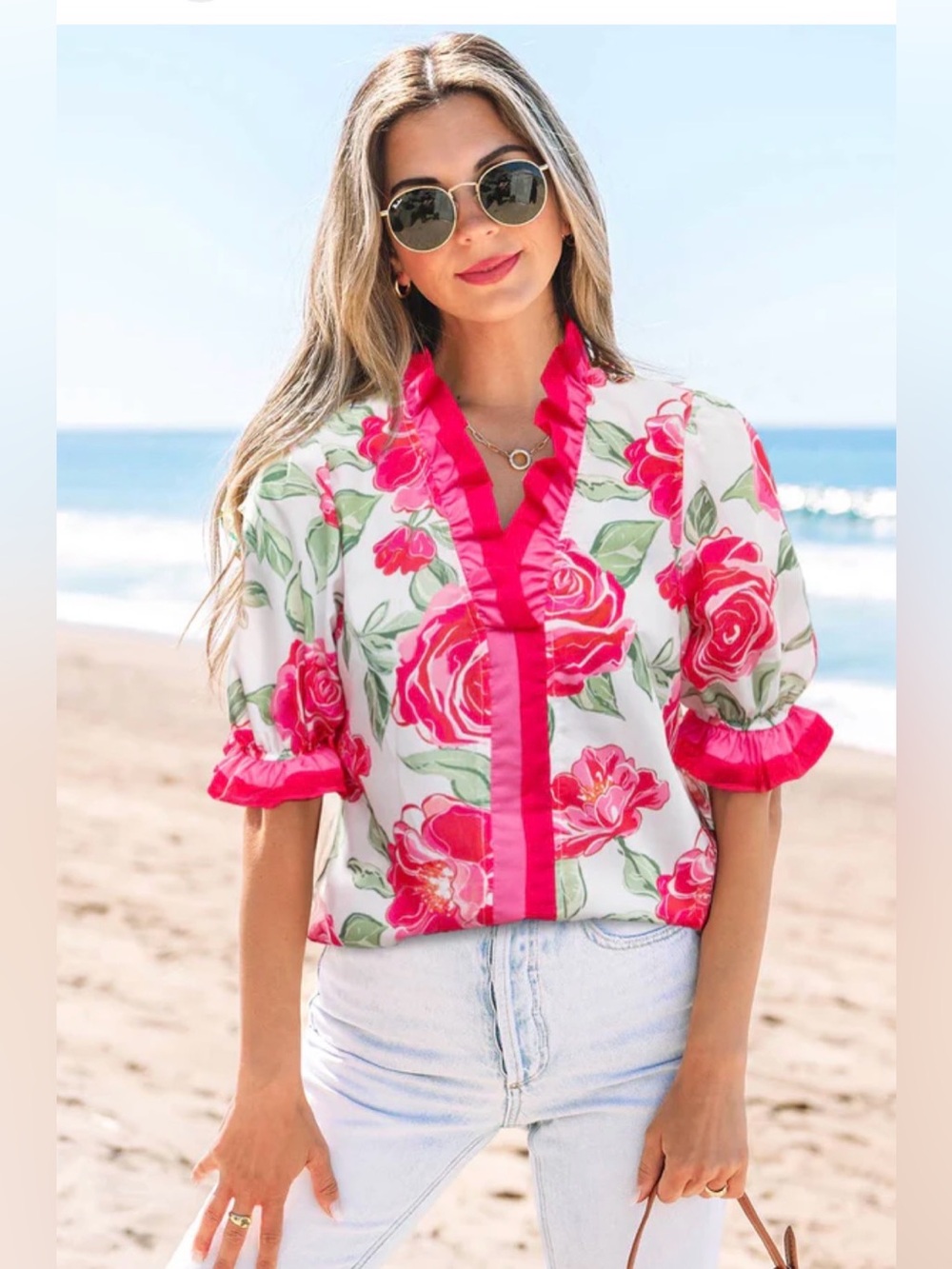 NWT Rose print, ruffle trim v neck blouse. Size 3XL